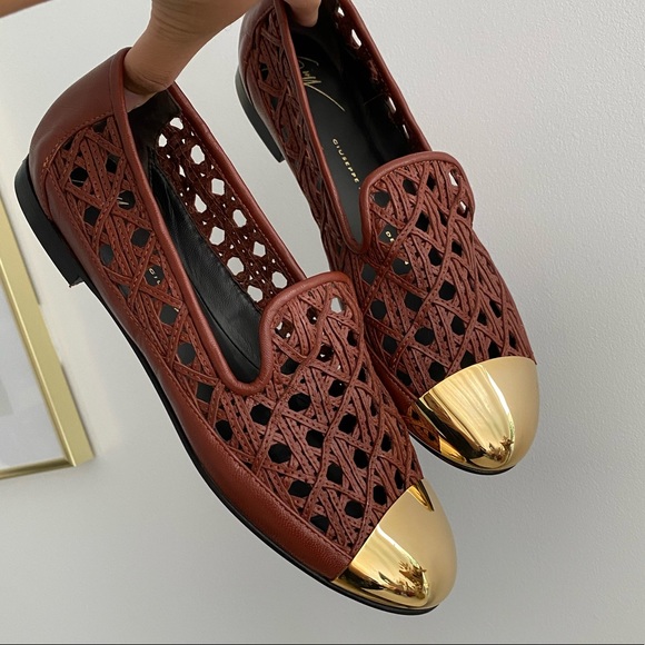 Giuseppe Zanotti Shoes - Giuseppi Zanotti Brown Perforated Leather Gold Metal Toe Smoking Slippers